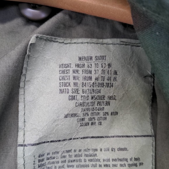 U.S. Army Mens Camo Cold Weather Field Coat Green Brown Size M Short - Picture 12 of 12